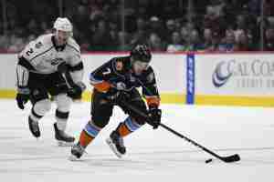 Chase De Leo breaking out of the defensive zone for the San Diego Gulls